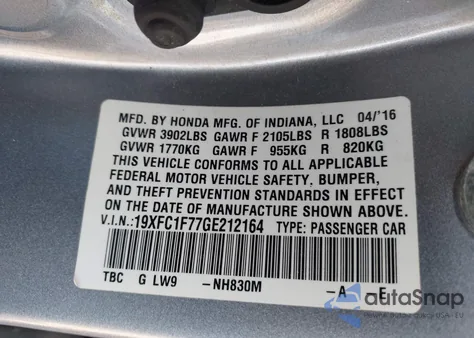 2016 Honda Civic Ex-L z USA, uszkodzony, nr VIN 19XFC1F77GE212164